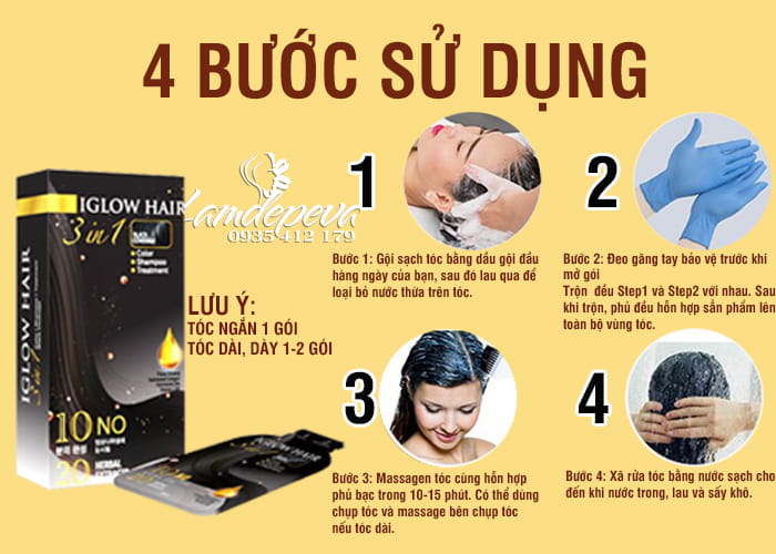 Hướng dẫn sử dụng Dầu gội phủ bạc tóc Iglow Hair 3 in 1 Hàn Quốc hộp 15ml x 5 gói - Kuchen Vietnam
