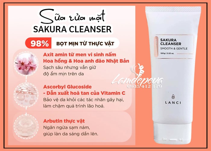 Sữa rửa mặt Lanci Sakura Cleanser Hàn Quốc tuýp 100ml 89