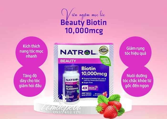 Viên ngậm Natrol Biotin 10000mcg của Mỹ hỗ trợ mọc tóc 90