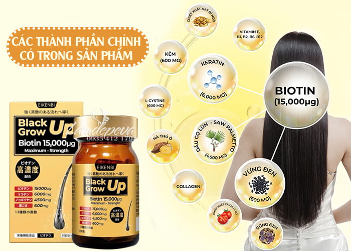 Viên uống mọc tóc Eikenbi Black Grow Up Biotin 15000 Nhật Bản 56