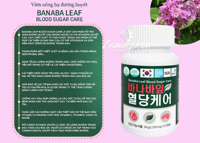 Viên uống giảm đường huyết Banaba Leaf Blood Sugar Care Hàn Quốc 0