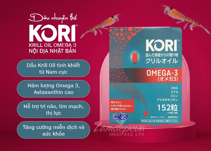 Dầu nhuyễn thể Kori Krill Oil Omega 3 hộp 152 viên Nhật Bản 99 Dầu nhuyễn thể Kori Krill Oil Omega 3 hộp 152 viên Nhật Bản 99