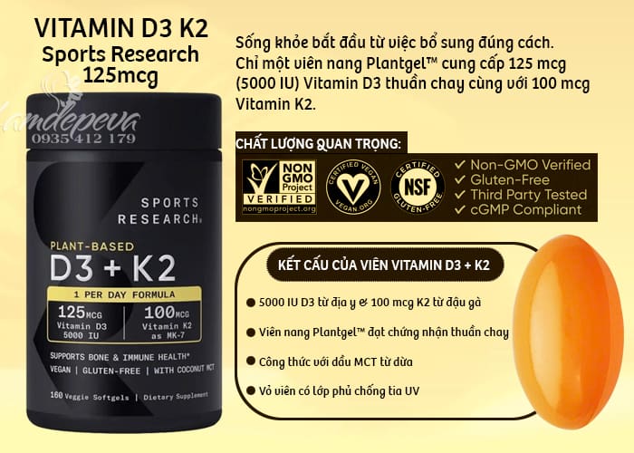 Viên uống Sports Research D3 + K2 160 viên chính hãng