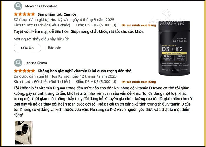 Viên uống Sports Research D3 + K2 của Mỹ